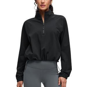 CRZ YOGA Drawstring Bottom Workout Jackets for Women - Half Zip Pullover Cropped Workout Outdoor Tops with Pockets (XX-Small, Black)