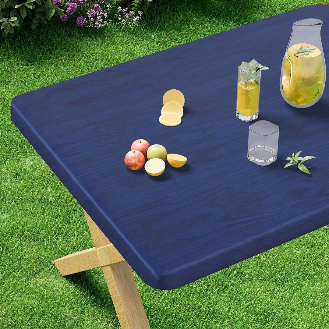 misaya Rectangle Vinyl Tablecloth, Fitted Table Cover, Waterproof, Elastic Edge, Plastic Table Cloth Fit 4 Foot Folding Tables for Picnic, Indoor and Outdoor (Navy, 24 x 48 inch)