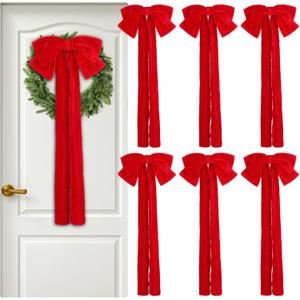 6 Pcs Large Velvet Bows for Christmas Tree 19.7" x 10.6" Velvet Ribbon Bows Ornament Christmas Swag Wreath Staircase Bow Vintage Raw Edges Tree Topper for Home Decor(Red,Two-Ear Style)
