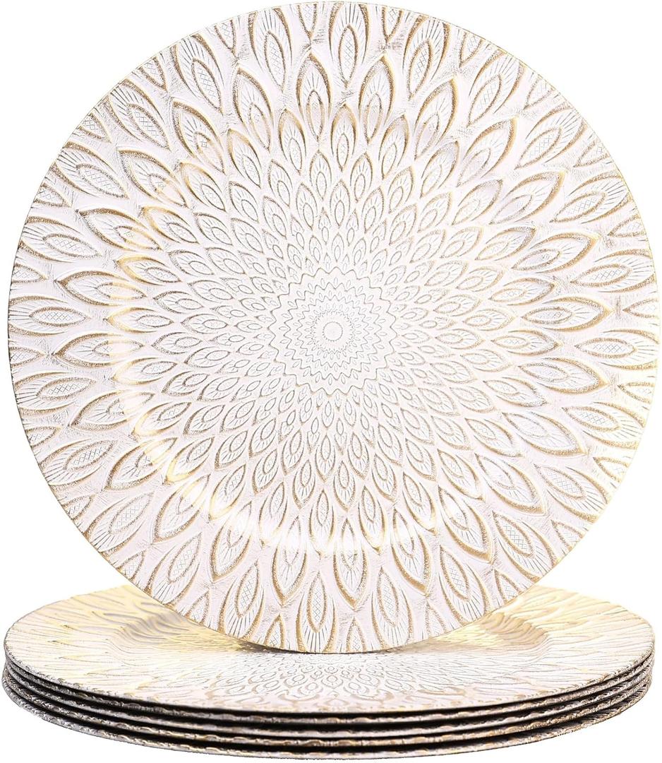 White Charger Plates, 13 Inch Set of 6 Plastic Peacock Chargers for Dinner Plates,Table Settings, Easter, Thanksgiving, Christmas Party, Family Gathering.