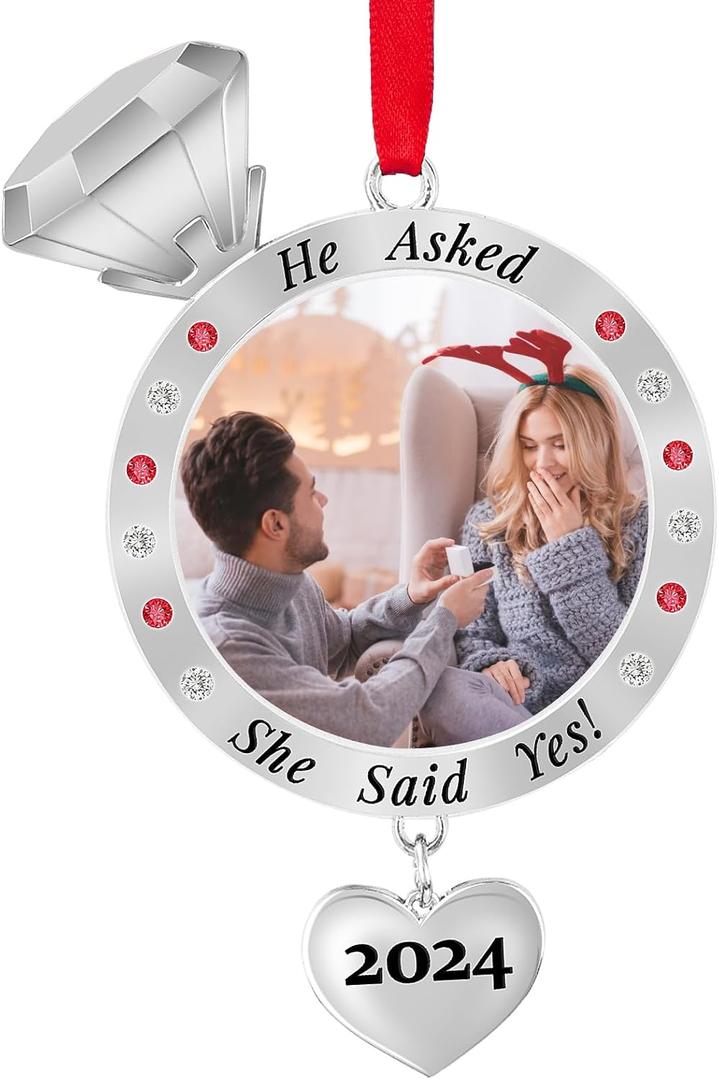 Engagement Photo Ornament 2024 - First Christmas Engaged Picture Frame Ornament 2024 - Wedding Engaged Ring She Said Yes Ornaments for Xmas Tree 2024 - Engagement Gift for Couple