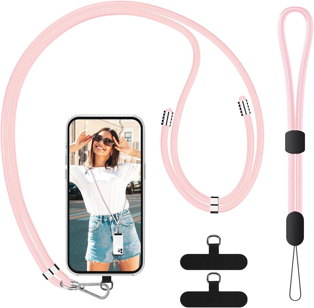 SS Cell Phone Lanyard, Adjustable Phone Lanyard Crossbody Neck Strap & Phone Wrist Strap with 2 Phone Tether Patches for Most Smartphones, Light Pink