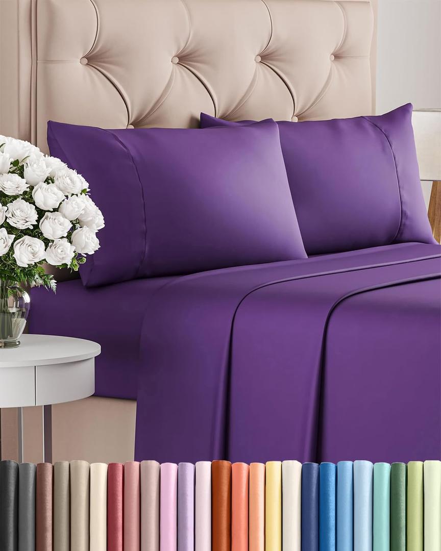 Twin 4 Piece Sheet Set - Comfy Breathable & Cooling - Ultra Soft Hotel Luxury Bedding Set w/ 8-16 Inch Deep Pockets - 1 Flat & 1 Fitted Sheet & 2 Pillowcases - Cozy, Wrinkle Free & Easy Care - Purple