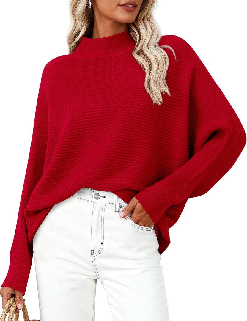 PRETTYGARDEN Womens Batwing Long Sleeve Sweaters Casual Mock Neck Ribbed Knit Cozy Pullover Sweater Tops 2026 Spring Clothes (Medium, Red)