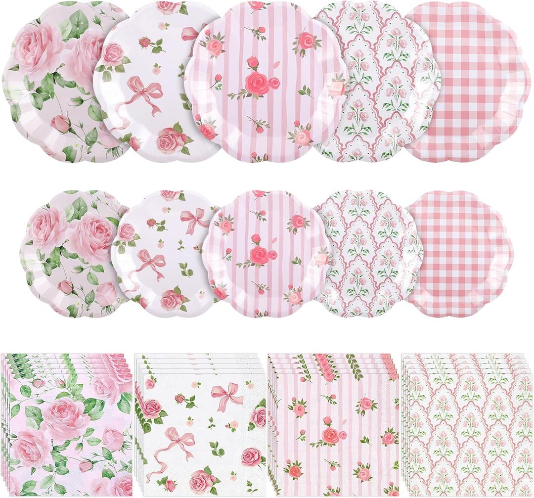 NatNarr 150 Pcs Floral Plates and Napkins, Pink and White Floral Tea Party Supplies Include Pink Floral Gingham Plates Napkins for Spring Garden Party, Bridal Baby Shower, Mothers Day