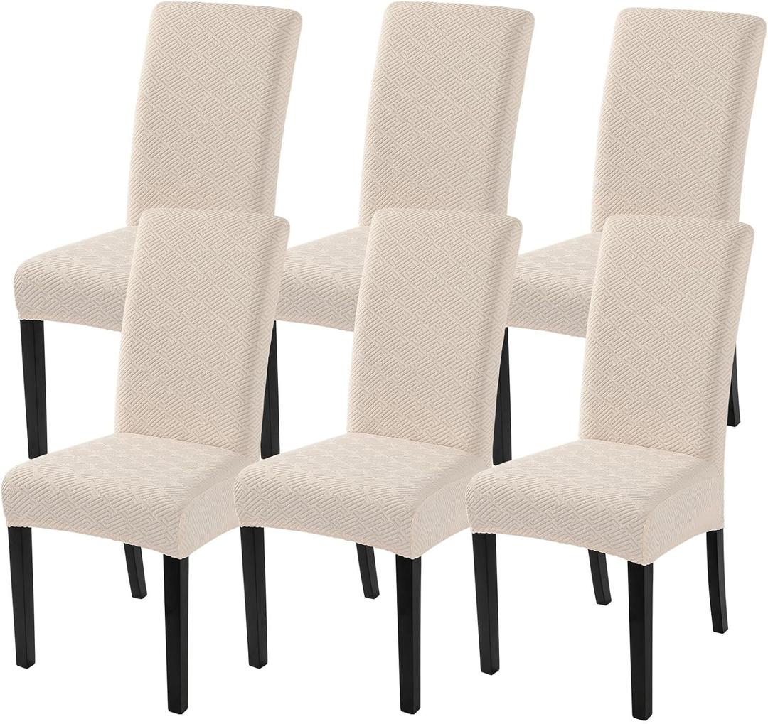 SearchI Jacquard Dining Room Chair Covers Set of 6, Stretch Kitchen Chair Covers Washable Parsons Chair Slipcover Removable Dining Chair Protectors for Hotel,Ceremony(Beige Maze Jacquard)