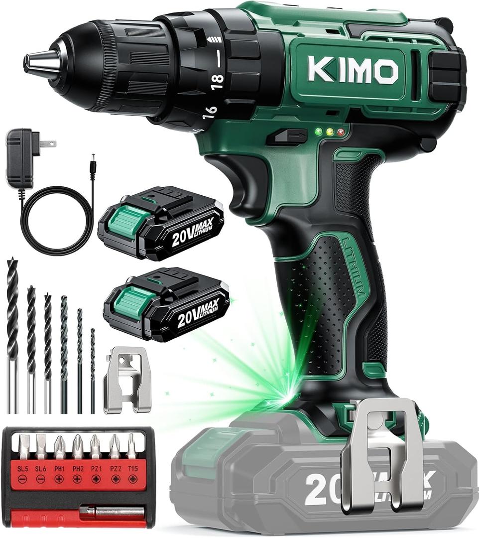 KIMO 20V Cordless Drill Set with 2 Packs 2.0Ah Battery, Max 350 In-lb Torque, 1350 RPM, 3/8" Keyless Chuck, 18+2 Clutch Setting, 18pcs Accessories, Power Drill for Drilling Wood Bricks Walls Metal KIMO 20V Cordless Drill Set with 2 Packs 2.0Ah Battery, Max 350 In-lb Torque, 1350 RPM, 3/8" Keyless Chuck, 18+2 Clutch Setting, 18pcs Accessories, Power Drill for Drilling Wood Bricks Walls Metal