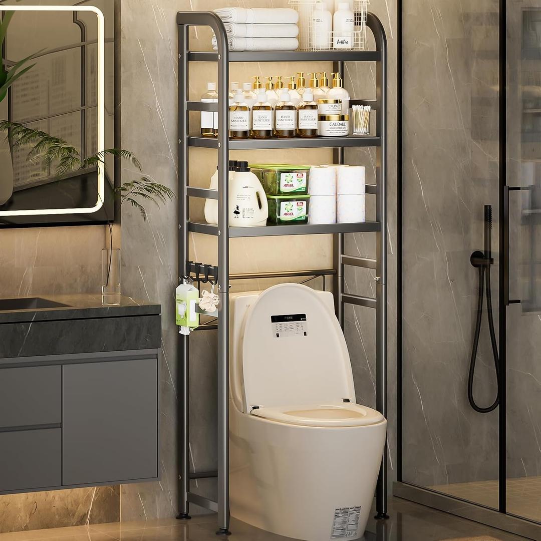 Over The Toilet Storage Rack, Space Saver for Small Bathroom, Gray | 3 Tier Freestanding Shelf Organizer, Heavy Duty Oval Tube, 4 Hooks, Metal, Sturdy Above Toilet Storage,Rustproof,Suction Cup, 10.04 inches x 5.54 inches x 35.03 inches