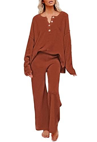 Viottiset Women's 2 Piece Outfits Sweatsuit Knit Long Sleeve Sweater Wide Leg Pants Lounge Set Burnt Orange, Small