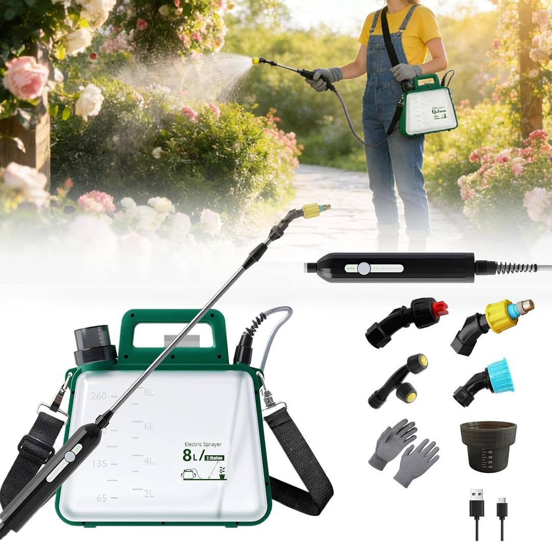 Battery Powered Garden Sprayer 2.1 Gallon,2026 New 2500mA Electric Weed Sprayer with Rechargeable Handle,4 Mist Nozzles, Adjustable Shoulder Strap & 37" Retractable Wand,Weed Sprayers for Lawn & Yard