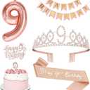 9th Birthday Decorations for Girls, Including 9th Tiara and Sash, Happy Birthday Banner, Cake Toppers, Number Candles and Balloons Set, Rose Gold