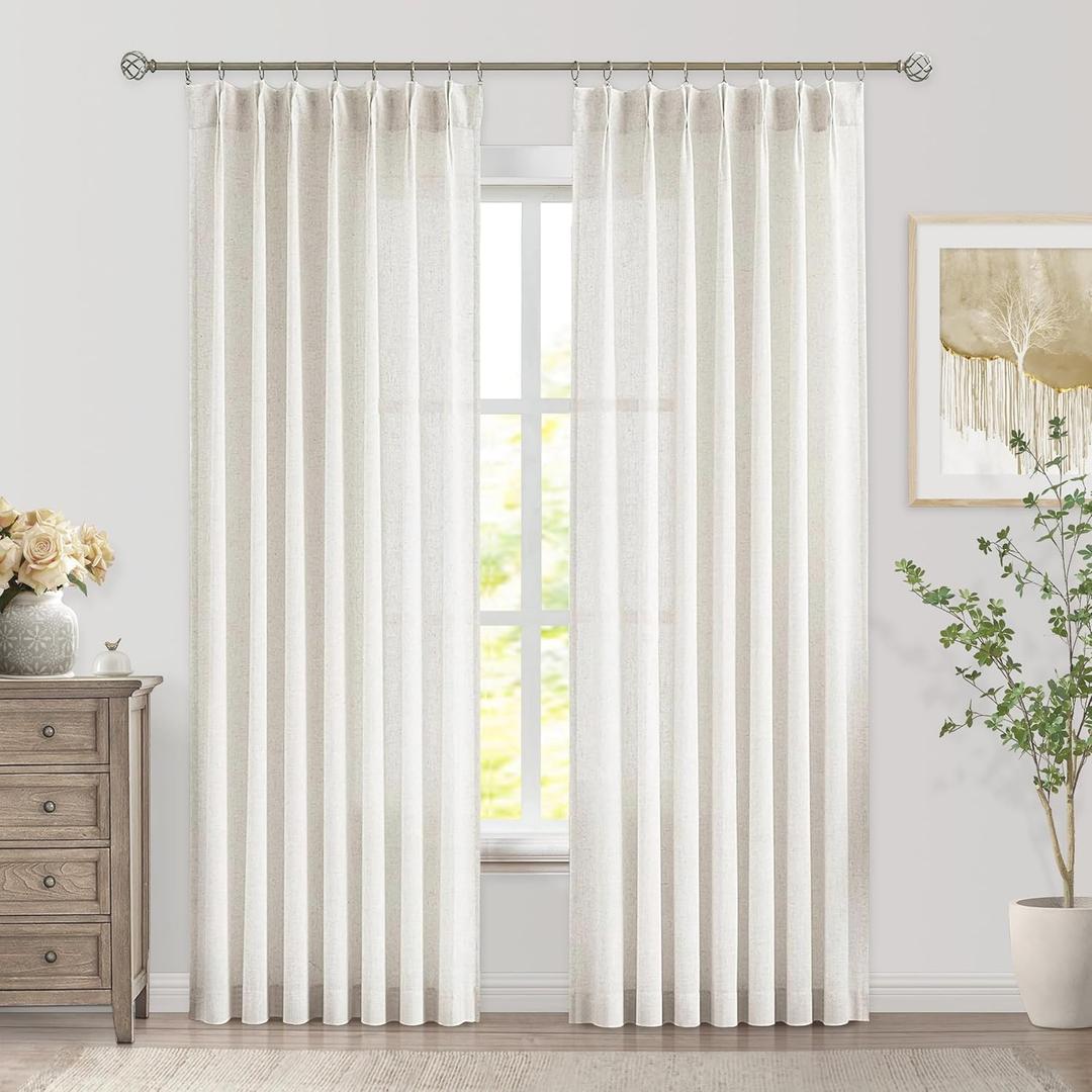 WEST LAKE Natural Boho Pinch Pleat Window Sheer Curtains 84 Inches Length,Farmhouse Linen Drapes with Hooks,Back Tab Netural Airy Window Treatment Sets for Bedroom Living Room,40" Wx84 Lx2,Natural