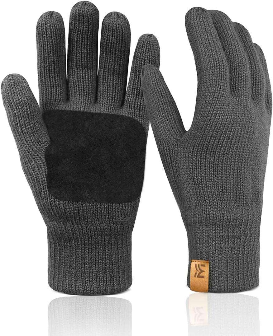 MIG4U Mens Warm Winter Wool Gloves Knit, Thermal Insulated Fleece Lined Glove with Leather Palm (Gray)