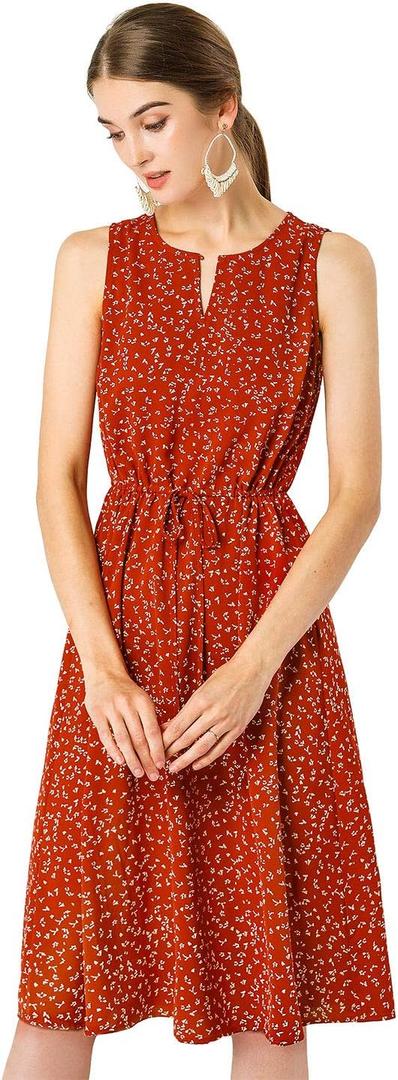 Allegra K Women's Midi Floral Dresses Summer Casual Wedding Guest Sleeveless Dress (Medium, Red)