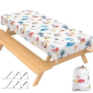 Jolly Camper Extra Thick Camping Tablecloth with Clips & Storage Bag, Picnic Tablecloth, Fits 4ft to 8ft Picnic Tables, Polyester, Washable, Spill & Stain Resistant, Water Repellent - White Beach