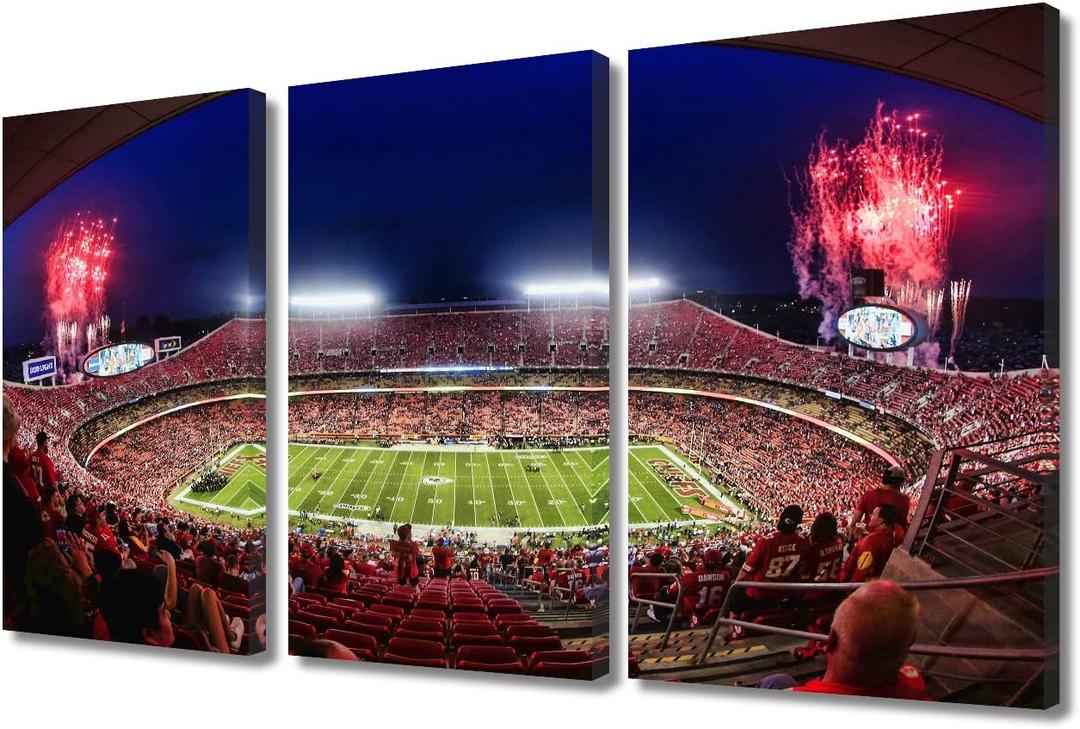 Canvas Wall Art American Football Painting for Living Room Chiefs Sports Stadium Decoration Kansas City, Missouri Prints on Canvas Giclee Artwork Stretched and Frame 3 Panels Ready to Hang 24x36 in