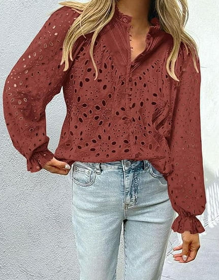 PRETTYGARDEN Women's Dressy Casual Blouse Tops Fall Puff Long Sleeve Button V Neck Hollow Out Lace Embroidered Shirts,  Size S