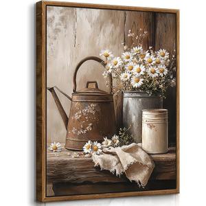 Framed Rustic Daisy Wall Art Farmhouse Bathroom Wall Decor Vintage Country Flower Painting Pictures Spring Summer Poster Prints Rustic Decor Artwork for Bedroom Living Room Home Decoration 16X24in