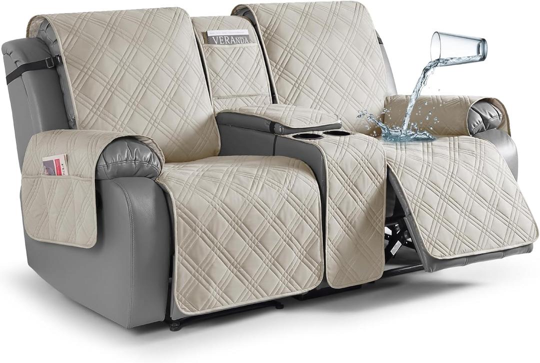 TAOCOCO Reclining Loveseat Cover with Console, 100% Waterproof Pet Covers for Dual Recliner with Mug Holder, Split Console Cover Loveseat Covers Furniture Pet & Kids Protector (2 Seater, Cream)