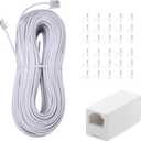 Long Telephone Extension Cord Phone Cable Line Wire, with Standard RJ11 Plug and 1 in-Line Couplers and 30 Cable Clip Holders-White (100feet)