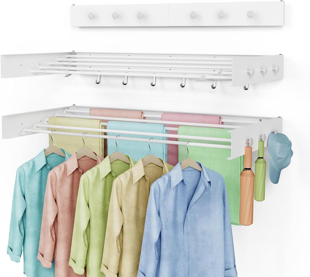 Drying Rack Clothing, Clothes Drying Rack Wall Mounted, Laundry Drying Rack Wall Mount, Foldable, Collapsible, 60 lb Capacity 5 Aluminum Poles with 12 Hooks, Space Saving Clothes Drying Rack, White 40"
