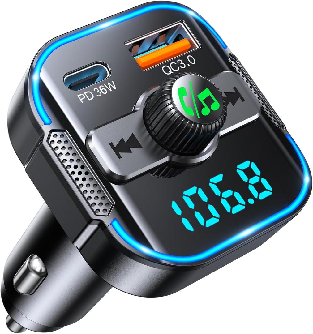 Bluetooth 5.3 Car AdapterPD 36W+QC3.0 18W, 2-in-1 FM Bluetooth Transmitter Dual Stronger Mics& Fast Car Charger, Wireless FM Radio Adapter Hands-Free Calling, Siri Assistant, Black