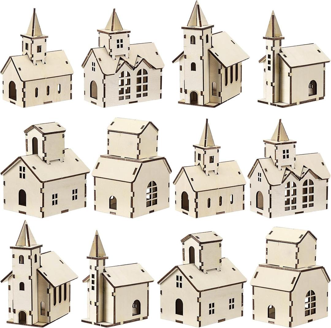 Hiboom 12 Pcs DIY Christmas Village Sets Wood Rustic Church Christmas Mini Wooden House Gift for Winter Xmas Party Crafts Decorations