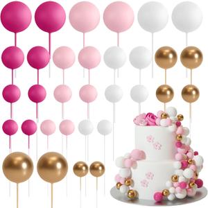 ASTARON 32 Pcs Ball Cake Topper Decorations Mini Balloons Cake Topper Sticks Foam Balls Cake Picks Cake Topper Balls Cake Decorations for Wedding Party Birthday Cake Decorating (Pink Gold)