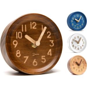 Driini Wooden Analog Desktop Clock  4.3 in. Decorative Pinewood, No-Tick Design  Easy to Read Silent Sweep Mantle Clock  Quiet Tabletop Clocks with Wood Body, Hands, & Battery Cover; Dark (Brown)
