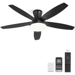 ZMISHIBO 48 inch Ceiling Fans with Lights and Remote/APP Control,Black Low Profile Ceiling Fan with Light,Quiet DC Motor,LED Dimmable, Modern Flush Mount Ceiling Fan for Bedroom Indoor/Outdoor Patio