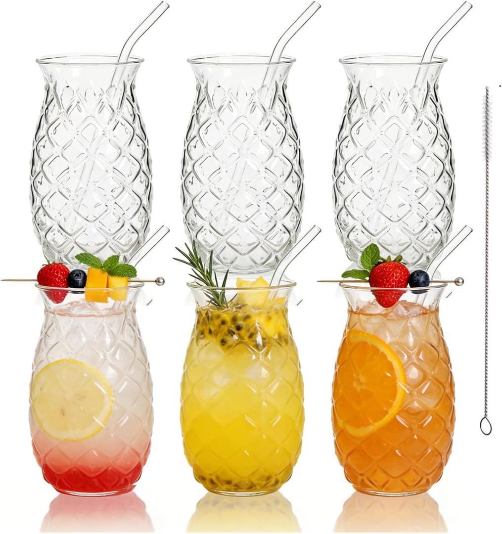 Set of 6 Pineapple Drinking Glasses, 17 Oz Clear Pina Colada Glass with Straws, Retro Relief Pineapple Cups Glassware Set for Cocktail, Juice, Water, Milk