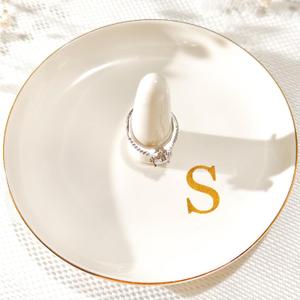 Ceramic Initials Jewelry Tray Ring Dish With Personalized S-Monogrammed Engagement Wedding Gifts, for Birthday Mother's Day for Women, Ceramic White 4.7" x2.4"