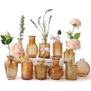 BIGIVACA Glass Bud Vases Set of 12,Small Amber Bud Vases in Bulk,Vintage Flower Vases for Centerpieces,Rustic Wedding,Home,Table Decor
