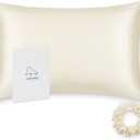ALASKA BEAR Silk Pillowcase Standard Size for Hair and Skin Beauty Sleep 100% Organic Pillow Slip Case with Random Color Silk Scrunchie Gift Set (1pc, Cream) (Standard 20''x26'')