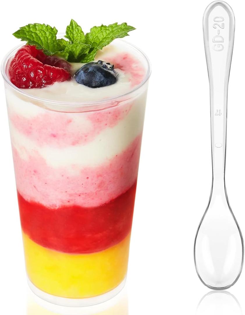 Zezzxu 50 x 3 oz Mini Dessert Cups with Spoons, Shooters, Reusable Round Tall Plastic Shooter Cups for Event Party Parfait Appetizers Dessert Shot Glasses