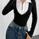 SOLY HUX Women's Striped Long Sleeve Bodysuits Button Down Tshirts Collared 2 in 1 Tops Preppy Clothes, Medium