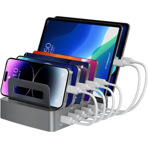 Charging Station for Multiple Devices,72W 6-Port USB C Charger Stations-PD45W QC3.0 Fast Charger Dock,Compatible with Cellphone,Tablet, MacBook,iPhone16/15/pro,iPad and More(Space Gray)