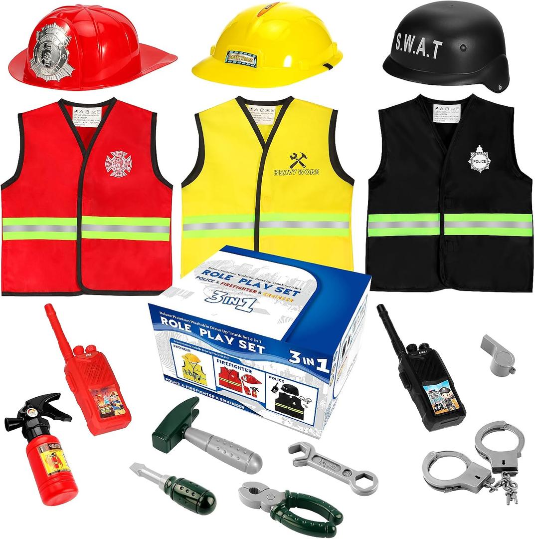 Cocojeci Boys Dress up Trunk Costumes Set,15pcs Pretend Role Play Set Fireman, Police, Construction Worker Costume with Accessories for Kids Ages 3-7