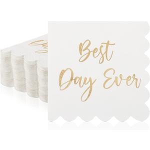 Lincia 100 Pcs Best Day Ever Wedding Cocktail Napkins White and Gold Scalloped Dessert Napkins for Party Bridal Shower Reception Decorations Birthday Supplies, 5 x 5 Inch, 2 Ply