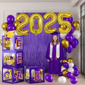 Purple Graduation Decorations 2025 Set of 4 GRAD Balloon Boxes with Balloon Arch Garland Kit mylar balloons So Proud of You 2025 prom Graduation Decorations