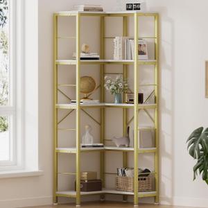 5-Tier Corner Bookshelf, 70.86" Tall Corner Bookcase,5-Shelf Industrial L-Shaped Coner Shelf with Metal Frame for Home Office,Living Room,Bed Room(Gold)