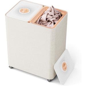 LAMU Collapsible Laundry Hamper, Laundry basket with Wheels, Rolling Clothes Cart with Removable Liner Bags, Lid with Vent Holes & Scent Slot, Modern hamper, Stylish Dirty Clothes Organizer for Home (100L)