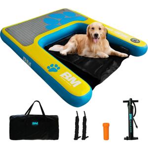 Beyond Marina Dog Pool Ramp - Inflatable Dog Water & Boat Ramp for Lake, Floating Pontoon Dock Ladder with Non-Slip EVA, PUP ON Standard, Extra Large 59" x 47" x 6", Blue/Yellow, Supports 230 lbs