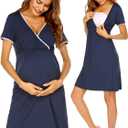 Ekouaer Nursing Nightgown Delivery and Labor Gown for Hospital Short Sleeve Maternity Breastfeeding Dress, Blue, Small