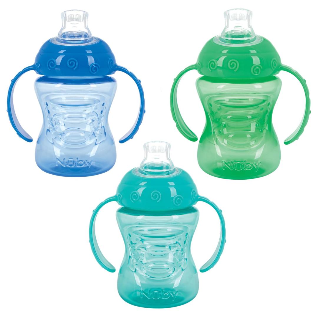 Nuby 3 Pack Two Handle No Spill Toddler Sippy Cups - Toddler Cups Spill Proof with Easy and Firm Grip - Aqua, Blue, Green
