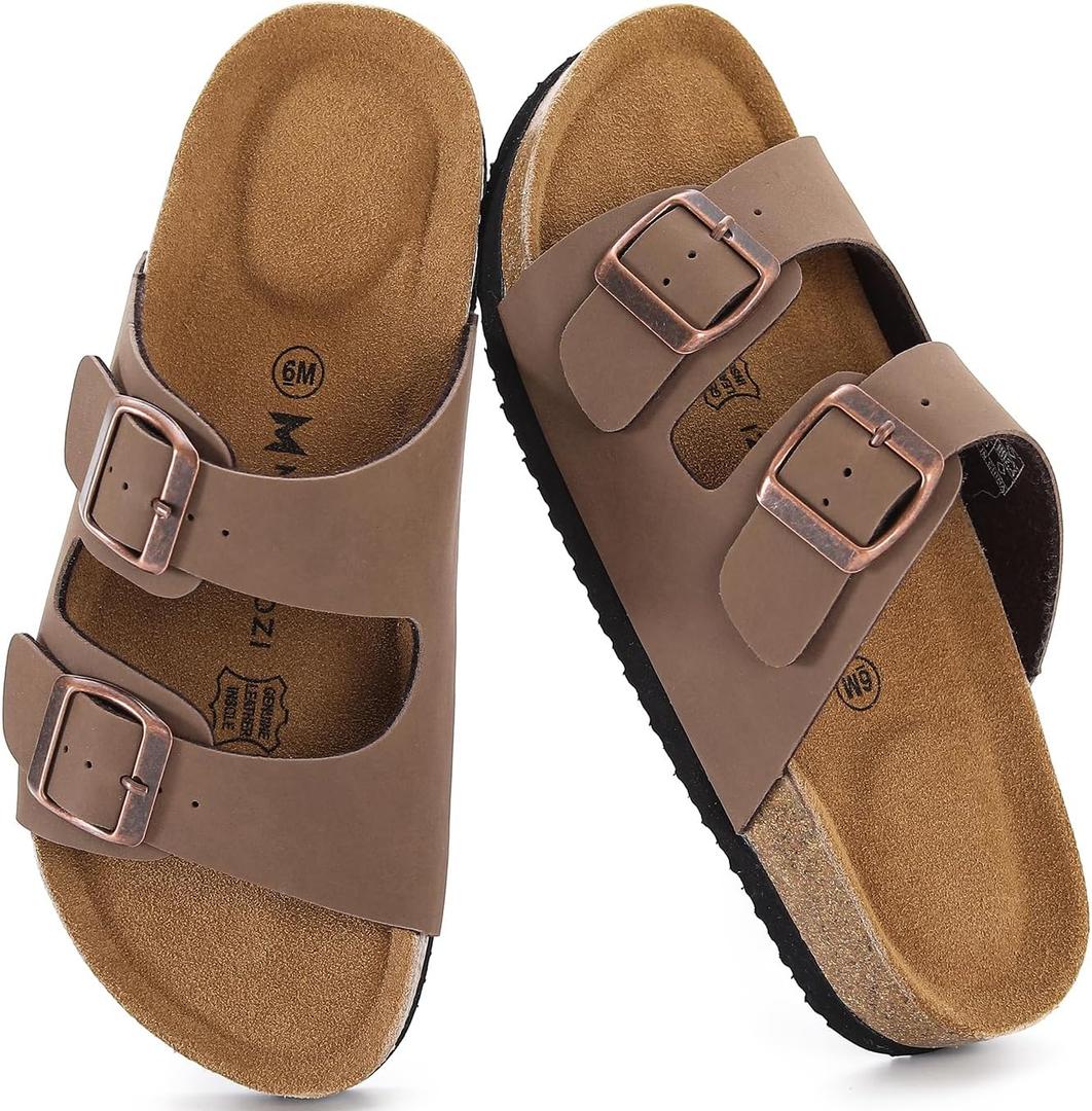 Cork Footbed Sandals Women, Comfortable Beach Double Buckle Slip-On with Genuine Suede Footbed & Memory Foam Arch Support Slides Flats for Women Footwear