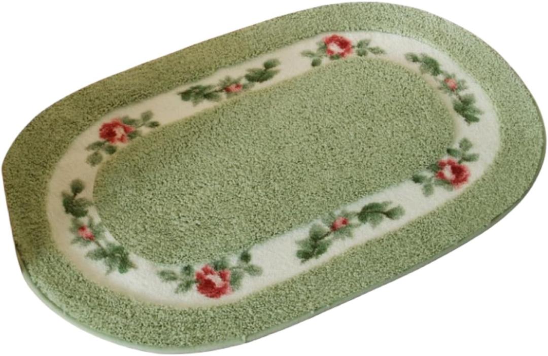 Pretty Floral Rural Style Rug, Soft Non-Slip Embroidered Oval Doormat Floor Mat Bath Mat, Bathroom Shower Rug Bedroom Living Room Carpet (19.7x31.5inches, Green)
