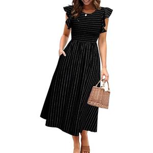 Simplee Womens Striped Midi Summer Dress Smocked Flutter Short Sleeve Dress 2025 Flowy Casual Dress with Pockets (Small, Black)