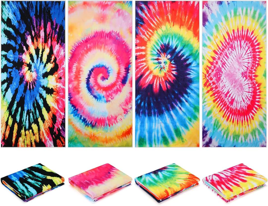 Newwiee 4 Pcs Microfiber Beach Towels Oversized Absorbent Beach Towel for Adults Sand Free Beach Towel Quick Dry Travel Towel for Travel Pool Camping Sports Swimming Kids Adults (Tie Dye)