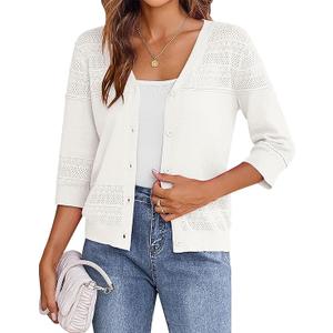 Women's 2025 Cropped Cardigan 3/4 Sleeve Lightweight Crochet Shrug Hollowed-Out Knit Sweater Tops, S, White